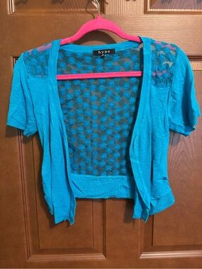 HOT!🔥Hype Teal Short-Sleeve Open-Front Cardigan with Sheer Daisy-Dot Back CUTE!!